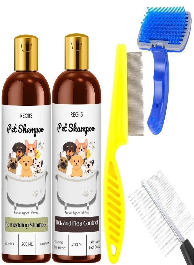 مجموعة ريجيس للعناية بالحيوانات الأليفة مع شامبو لإزالة الشعر الزائد، وشامبو لمكافحة القراد والبراغيث، سعة كل منهما 200 مل، تتضمن أمشاطًا وفرشًا للكلاب (عبوة من 5 قطع). - Image 1